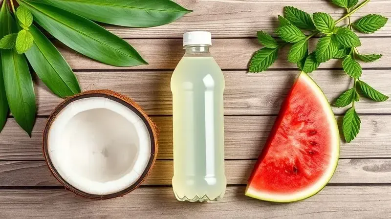 Isotônico cercado por ingredientes naturais como água de coco e frutas, representando as opções orgânicas e veganas disponíveis no mercado.