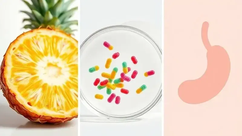 Comparativo visual mostrando a origem das enzimas digestivas: vegetal (abacaxi), microbiana (laboratório) e animal.