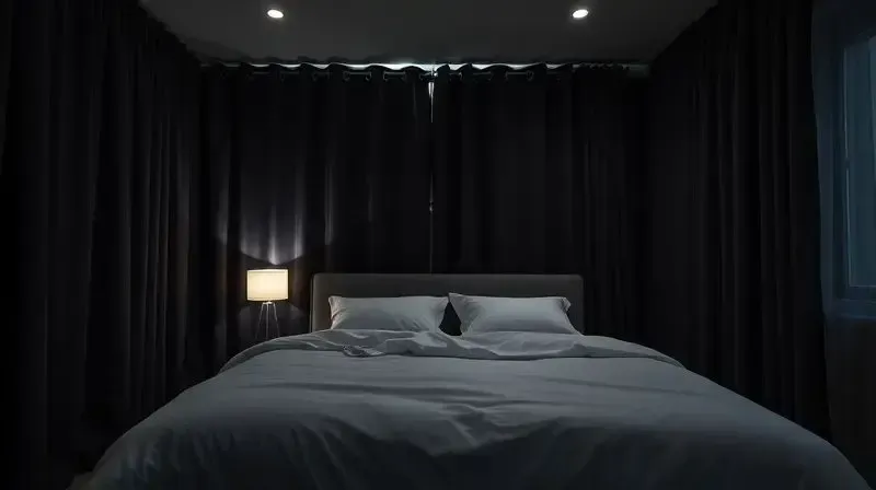 Quarto escuro, silencioso e arrumado, perfeitamente otimizado para uma noite de sono reparadora, com cortinas blackout e sem eletrônicos.