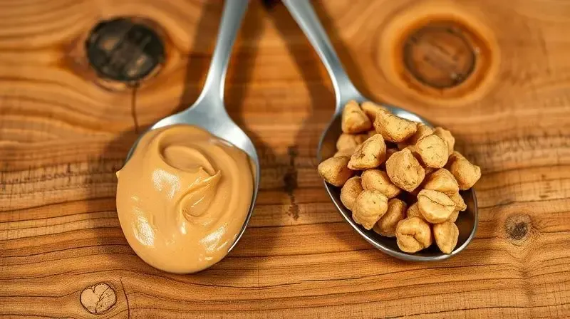 Comparativo visual entre a textura da pasta de amendoim cremosa e da crocante, exibidas em duas colheres lado a lado.