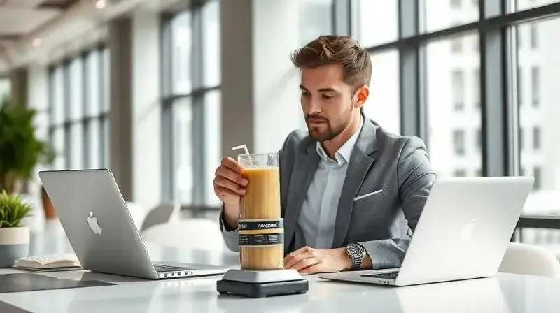 Profissional ocupado preparando um shake substituto de refeição em sua mesa de escritório, simbolizando a praticidade e economia de tempo.