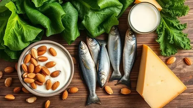Mesa com uma variedade de alimentos ricos em cálcio, como laticínios, folhas verdes escuras, nozes e peixes.