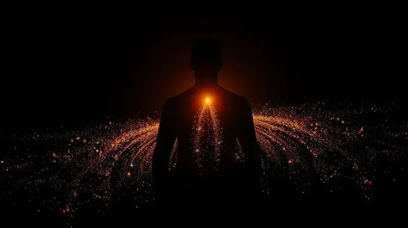 Silhueta de uma pessoa com uma aura de energia e saúde, representando os principais benefícios de um bom multivitamínico para o corpo.