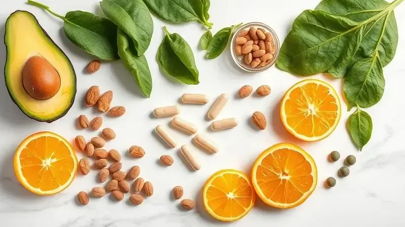 Composição com alimentos e cápsulas representando as principais vitaminas e nutrientes para a saúde capilar como biotina e zinco.