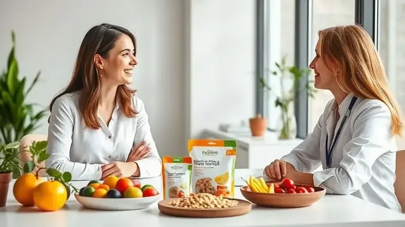 Nutricionista em consultório conversando com paciente sobre o uso correto de substitutos de refeição e a importância do acompanhamento profissional.