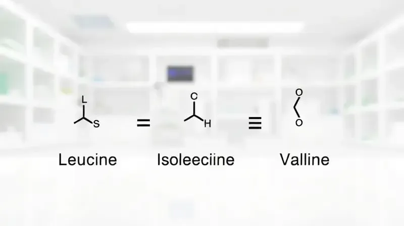 Ilustração conceitual da estrutura molecular dos aminoácidos do BCAA, representando as diferentes proporções como 2:1:1 e 8:1:1.