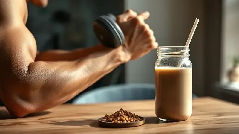 Braço definido segurando um haltere ao lado de um shake de proteína, ilustrando a contribuição da proteína para o ganho de massa muscular.