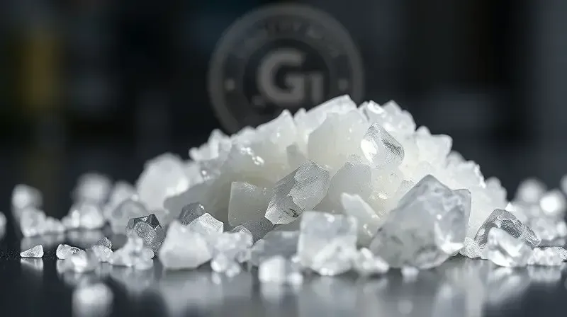 Imagem macro de cristais de creatina de alta pureza, simbolizando a importância da qualidade e do selo Creapure.