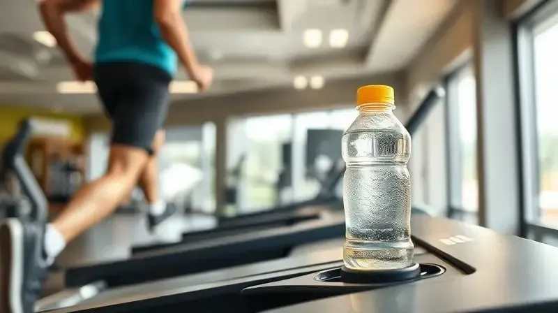 Garrafa de isotônico no suporte de uma esteira, ilustrando o consumo da bebida durante o treino para manter a hidratação.