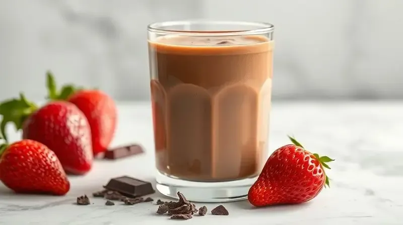 Copo de vidro com um shake de proteína vegana de chocolate, com aparência cremosa, destacando a importância do sabor e diluição.