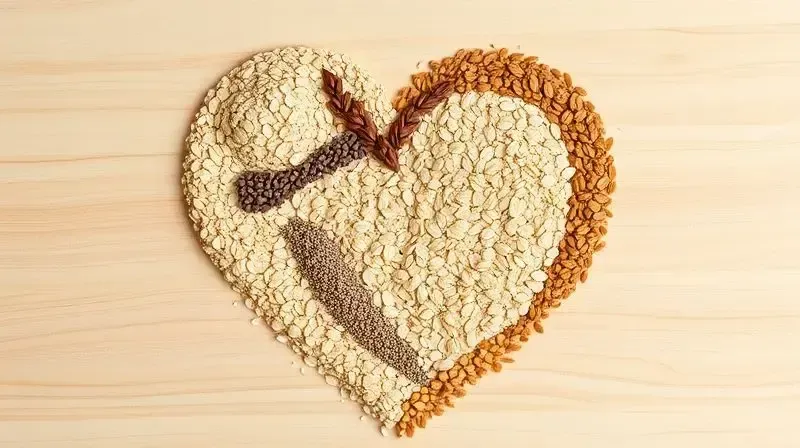 Coração feito com alimentos ricos em fibra, como aveia e sementes, simbolizando os benefícios para a saúde cardiovascular.