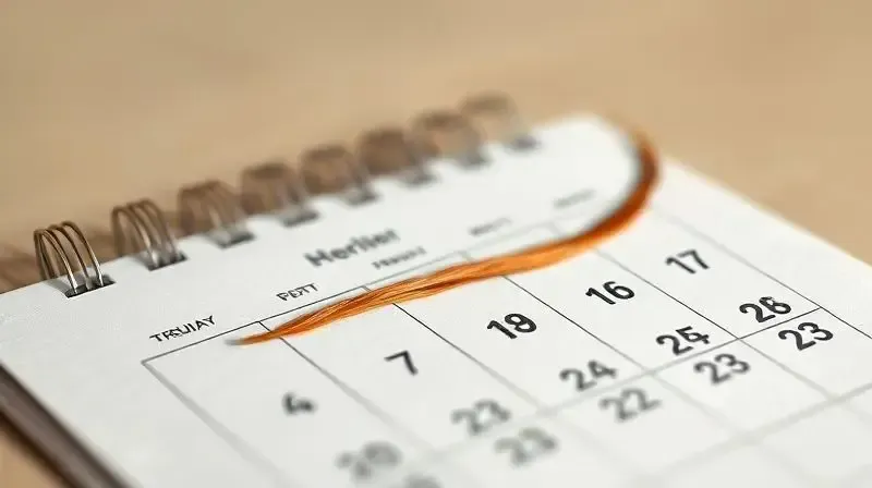Página de calendário com um fio de cabelo saudável, simbolizando o tempo para os suplementos para cabelo fazerem efeito.