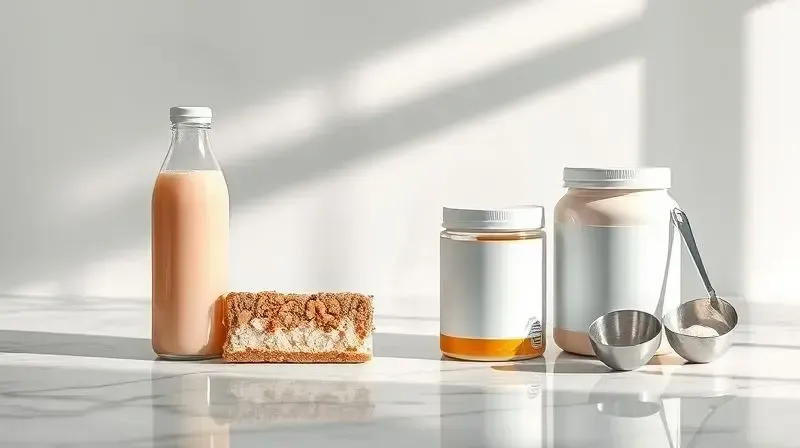 Diversos tipos de substitutos de refeição, incluindo um shake pronto, uma barra de proteína e um pote de pó, exibidos em uma bancada de mármore.