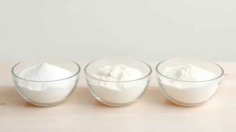 Três tigelas de vidro lado a lado mostrando as diferentes texturas dos tipos de whey protein: concentrado, isolado e hidrolisado.