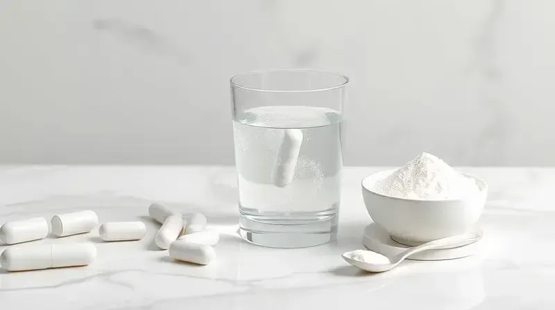 Comparativo visual dos tipos de suplemento: vitamina C em cápsula, comprimido efervescente dissolvendo em água e em pó.