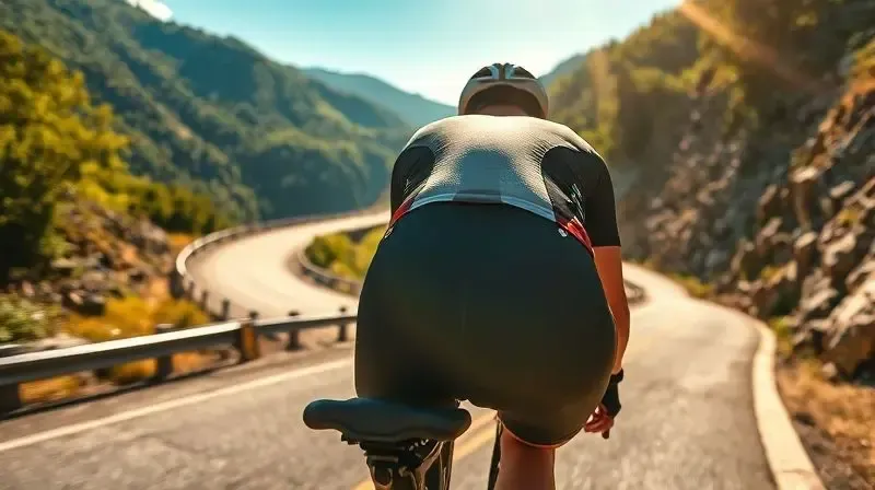 Ciclista pegando um gel de carboidrato do bolso da camisa para consumir durante o exercício, momento ideal para a suplementação.