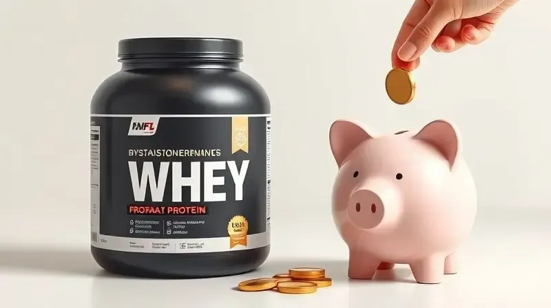 Conceito de whey protein custo-benefício, com um pote de suplemento ao lado de um cofre de porquinho, simbolizando economia e bom investimento.