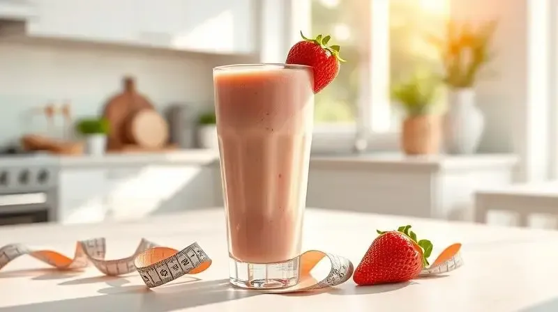Shake de proteína ao lado de uma fita métrica, simbolizando a contribuição do whey para o emagrecimento e a saciedade.