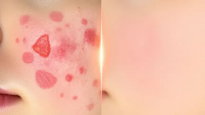 Imagem conceitual de antes e depois mostrando a melhora da pele com acne, um dos benefícios do uso de zinco.